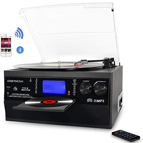 DIGITNOW Vinyl/LP Turntable Record Player, with Bluetooth, AM&FM Radio,  Cassette Tape, Aux in, SD Encoding & Playing MP3/ Built-in Stereo Speakers,  3.5mm Headphone Jack, Remote and LCD 