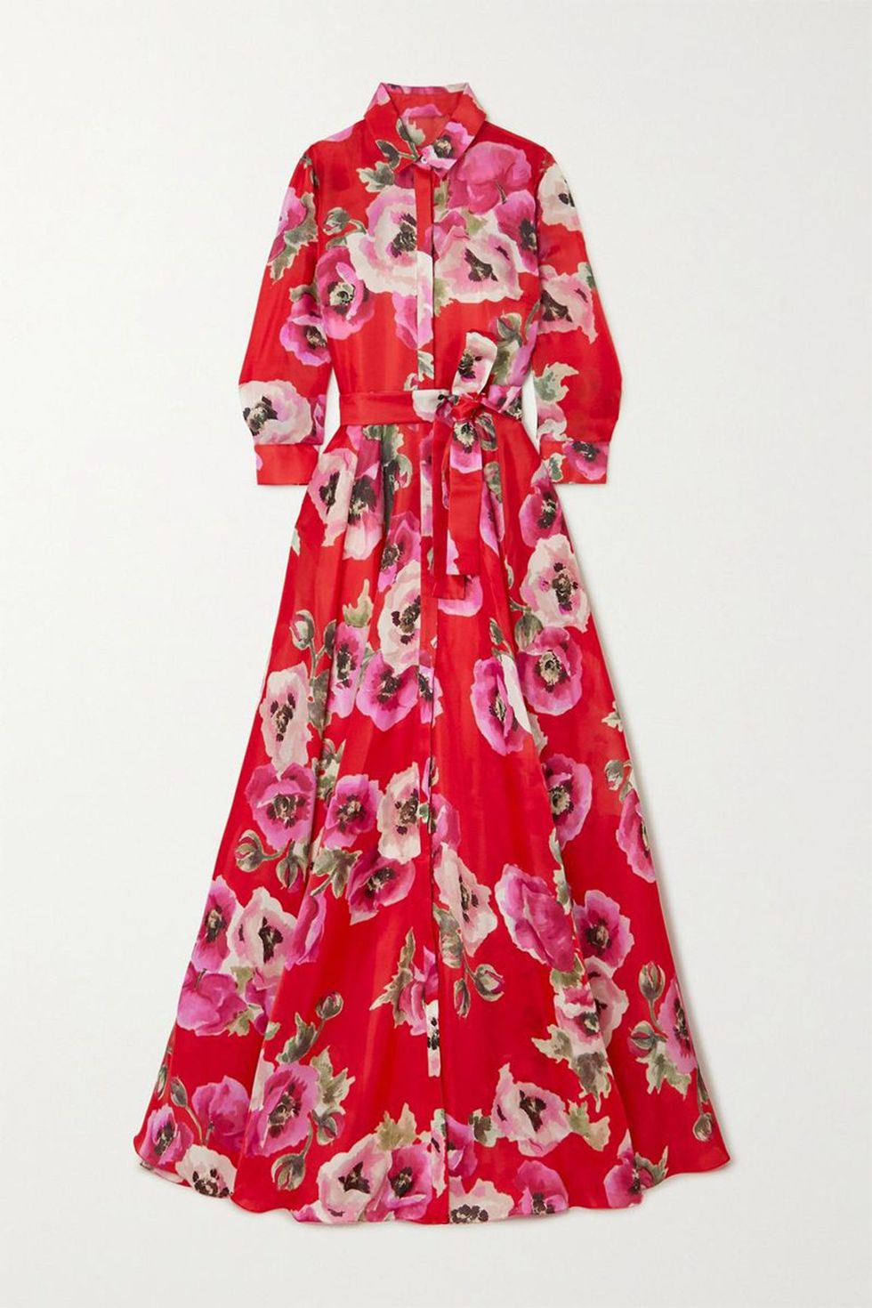 Belted Floral-Print Silk-Organza Gown
