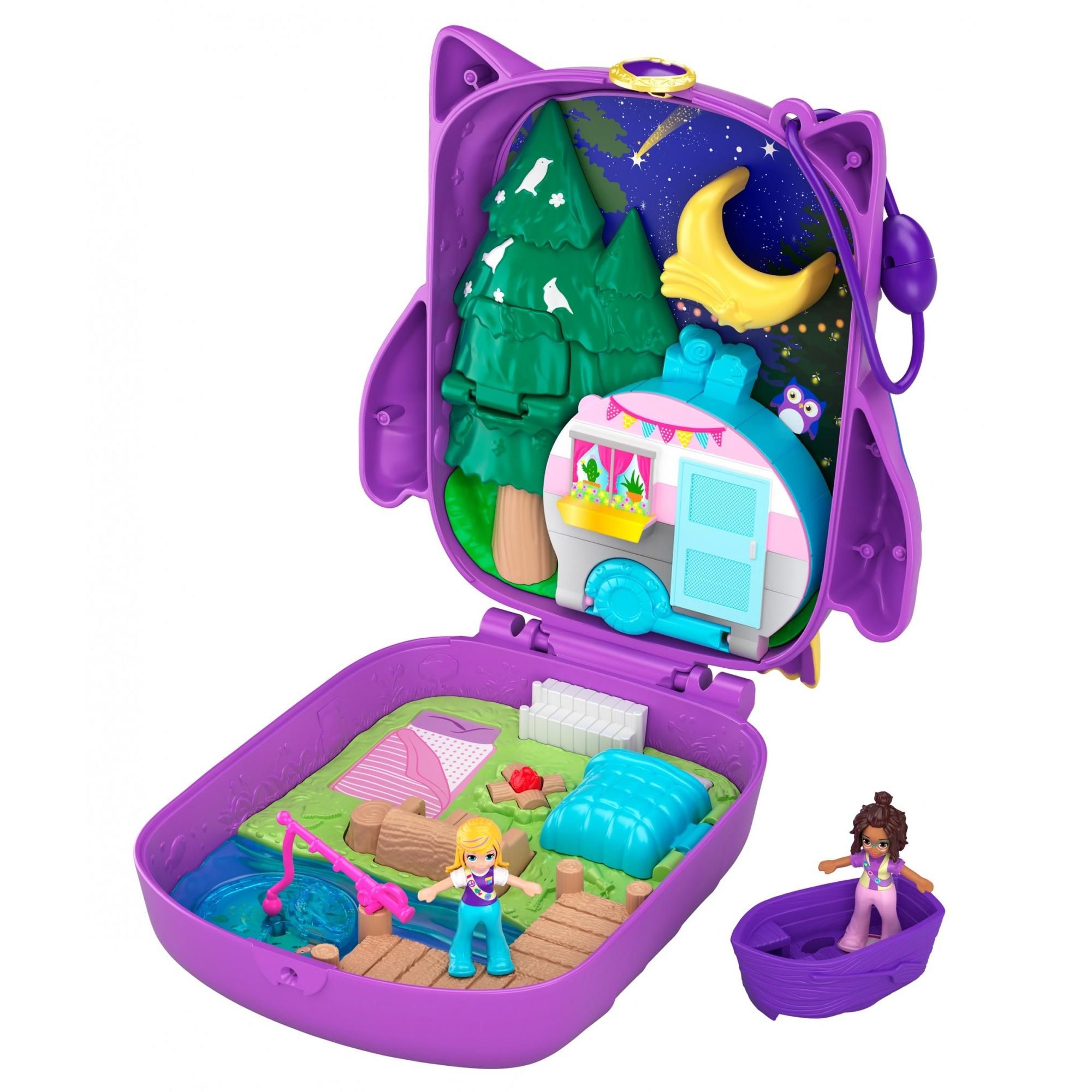 Compact Polly Pocket goes on a camping adventure. 