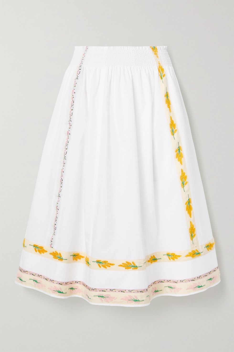 Grosgrain-trimmed embroidered cotton-poplin midi skirt