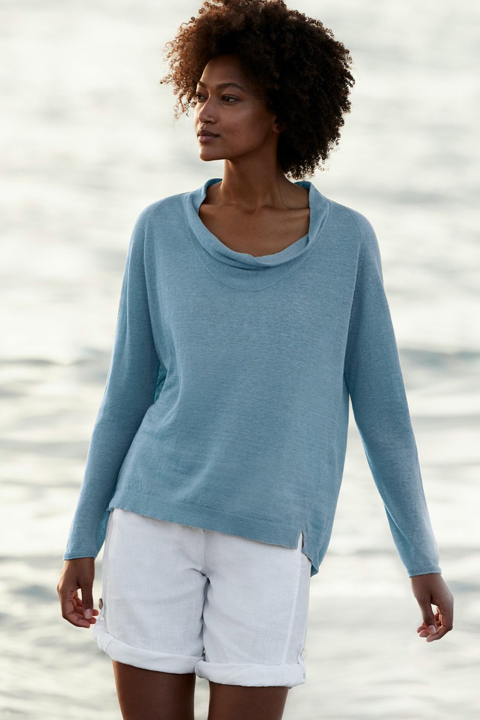 Cowl Neck Linen Sweater 					-