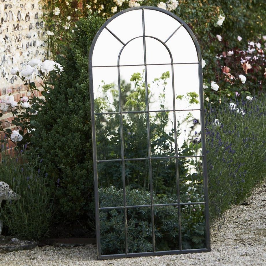 Large Black Metal Arched Garden Mirror