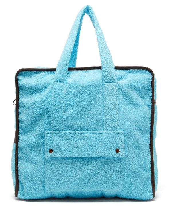 Towel leather-trimmed cotton-terry tote bag