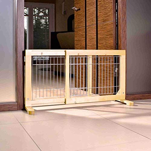 LZRS Foldable Pet Gate with Door，Walk Through Wooden Pet Gate,Pet Gate with Door for House Doorway Stairs,Freestanding Pet Gate Safety Fence with Pet Collar 