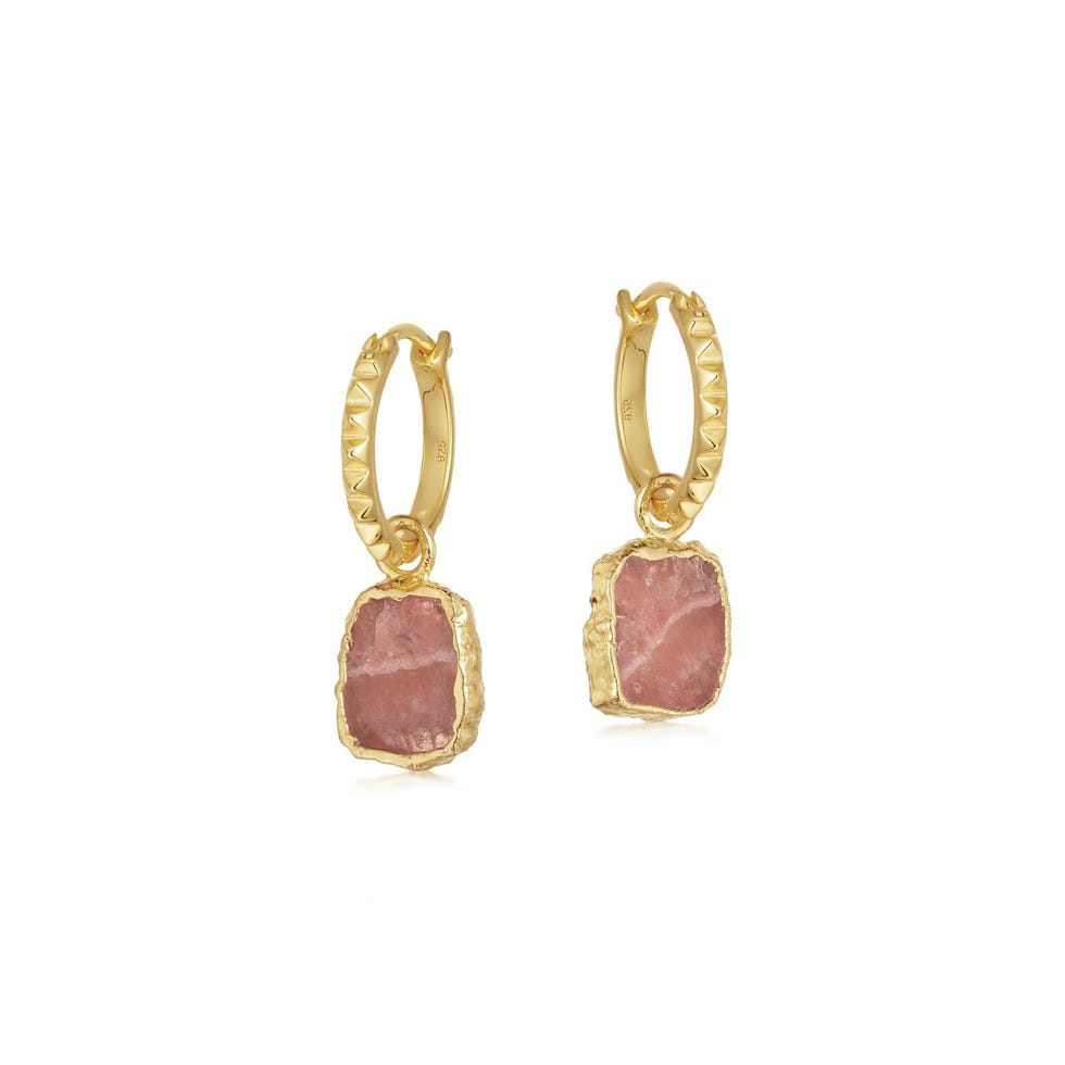 Rhodochrosite Gold Mini Pyramid Charm Hoops, £85