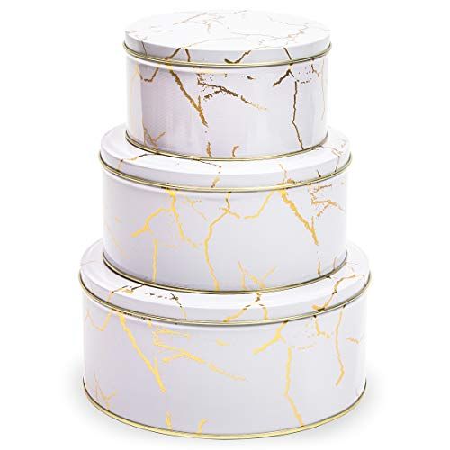 Juvale White Marble Cookie Tins With Lids, Gold Print (3-Pack)