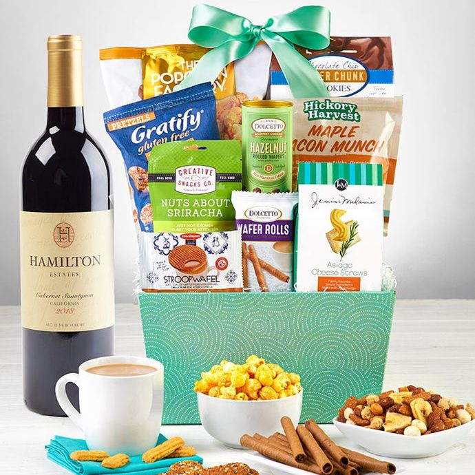Snacks & Sweets Gift Basket with Wine