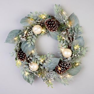 Pre-Lit Frosted Wreath with Cones and Baubles – 60 cm