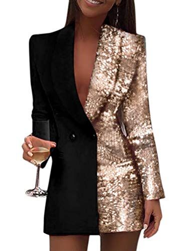 Vestito elegante donna blazer dress corto bicolore nero e paillettes oro