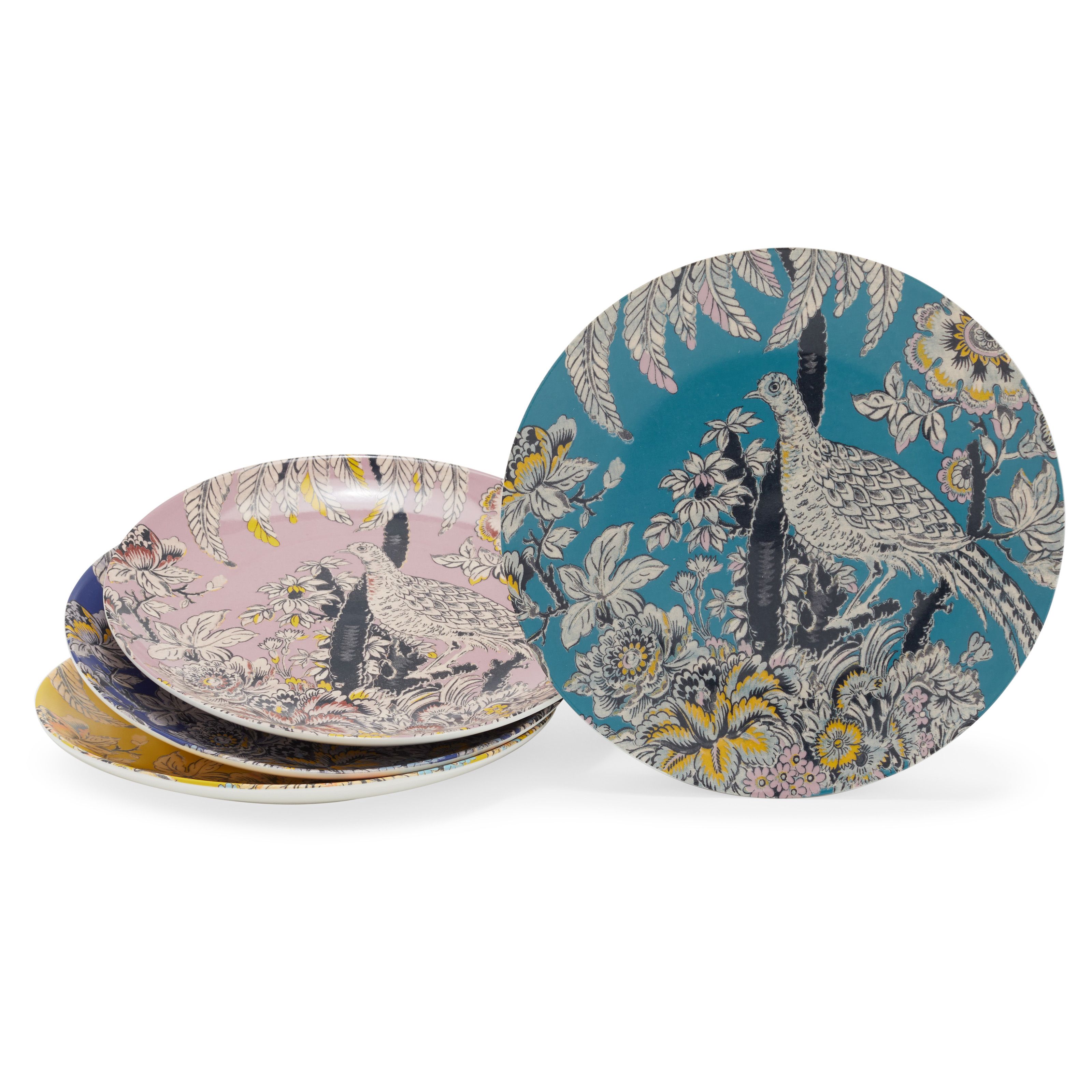Tropical Toile Bird Mix and Match 4 Piece Appetizer Plate Set