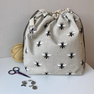 Craft project bag, perfect for knitting, crochet, yarn and other crafts. Handmade drawstring cotton bag
