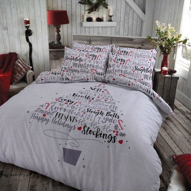 Christmas Slogan Grey Happy Holidays Sleigh Bells Merry & Bright Duvet Set Single 452040