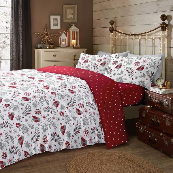 Scandi Christmas Robin Brushed Cotton Bedding Set Red