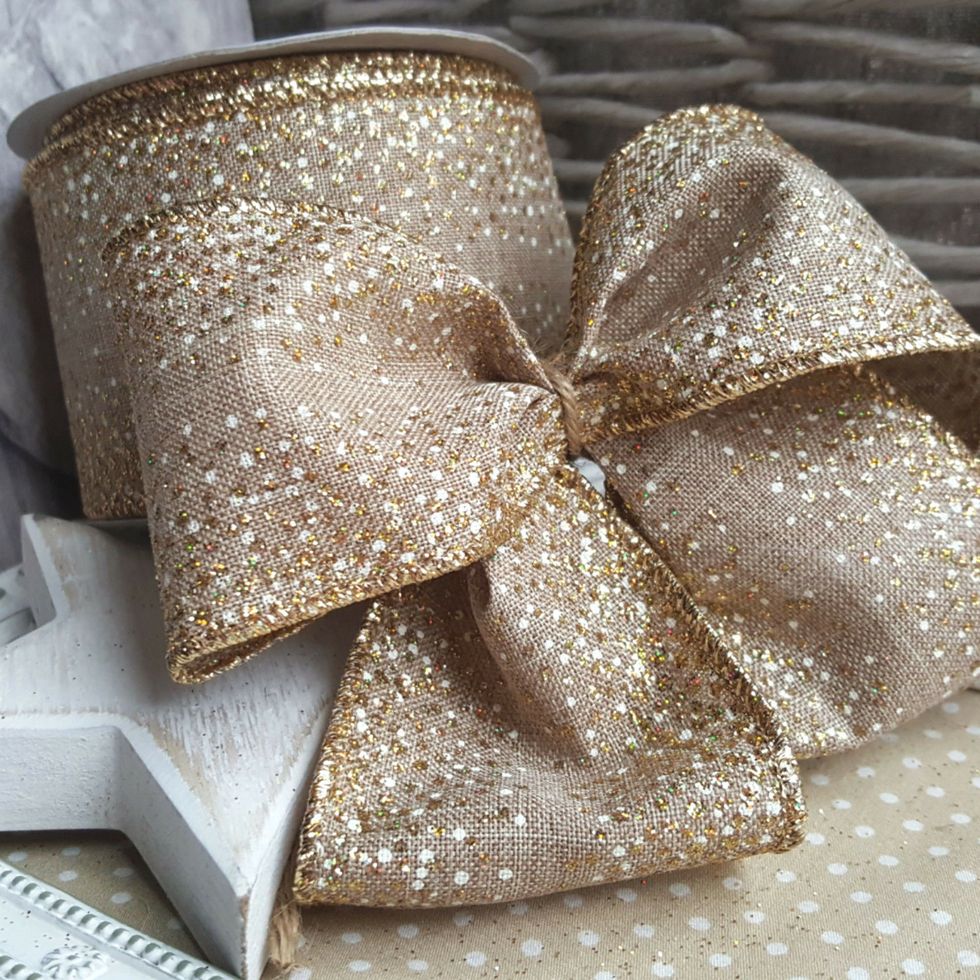 Wired Hessian Gold & White Glitter Dots Speckled Christmas Tree Ribbon