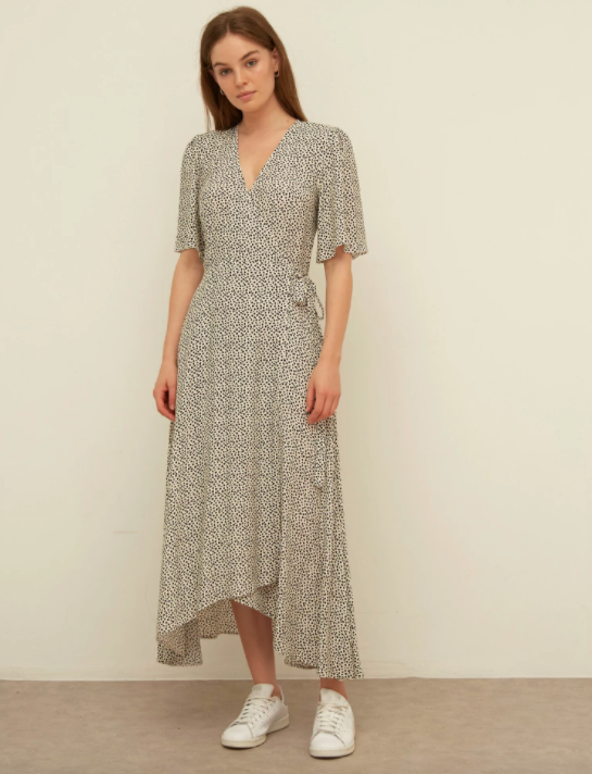 Heart Print V-Neck Midi Wrap Dress