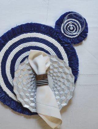 Navy & White Woven Fringe Placemat