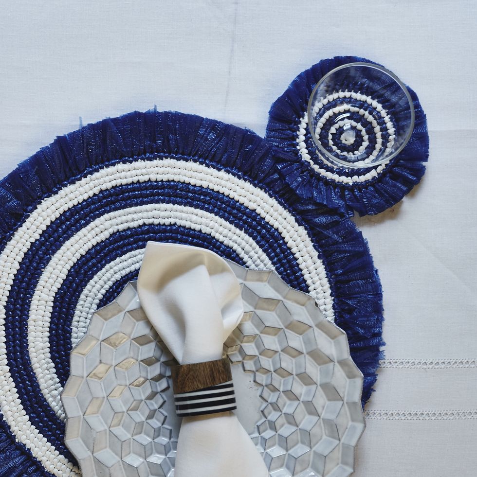Navy & White Woven Fringe Placemat