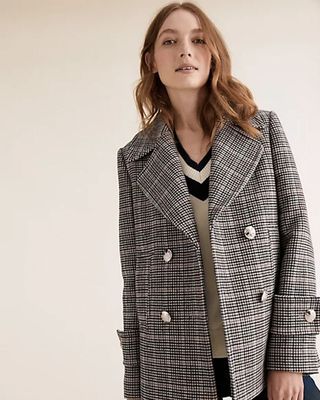 M&S Collection Checked Pea Coat with Wool