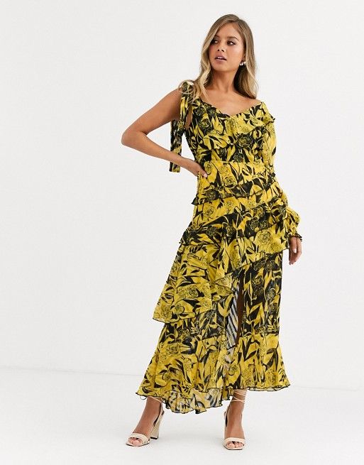 One Shoulder Dress In Yellow Black Mixed Print