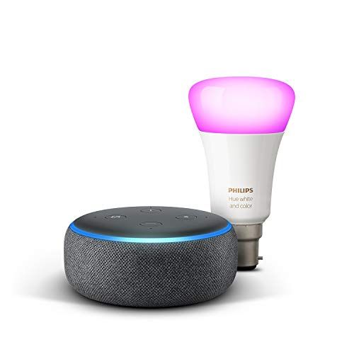 Echo Dot (3rd Gen), Charcoal Fabric + Philips Hue White and Colour Ambience Smart Bulb LED (B22)