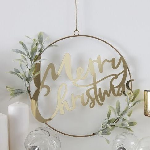 Gold Merry Christmas Door Wreath With Foliage