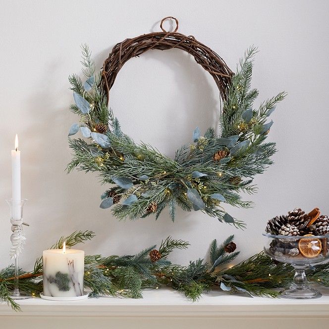 Pre-lit Frosted Pinecone Wreath - 50cm