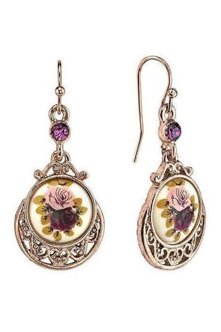 Boucles d'oreilles pendantes Fleur de cristal violet ton or rose de 1928 Jewelry