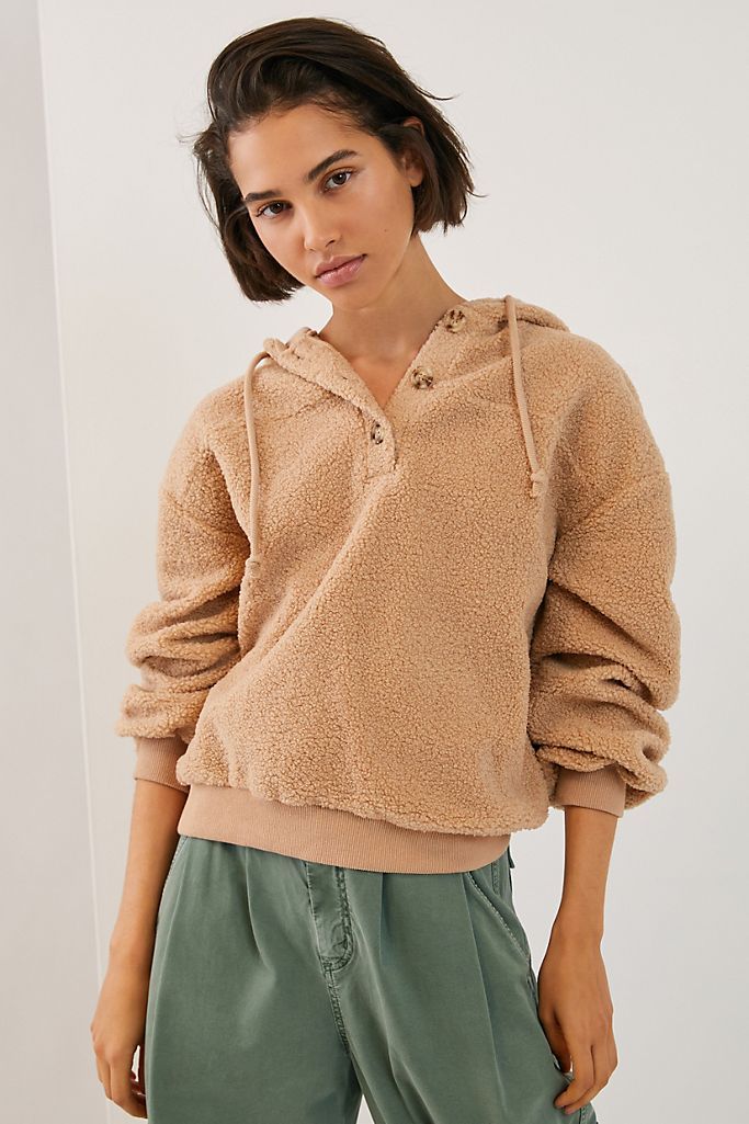 REDMAKER Asymmetrical Hem Button Solid Faux Fleece Sweatshirts for Women Plus Size Hoodie Comfortable Warm Tops
