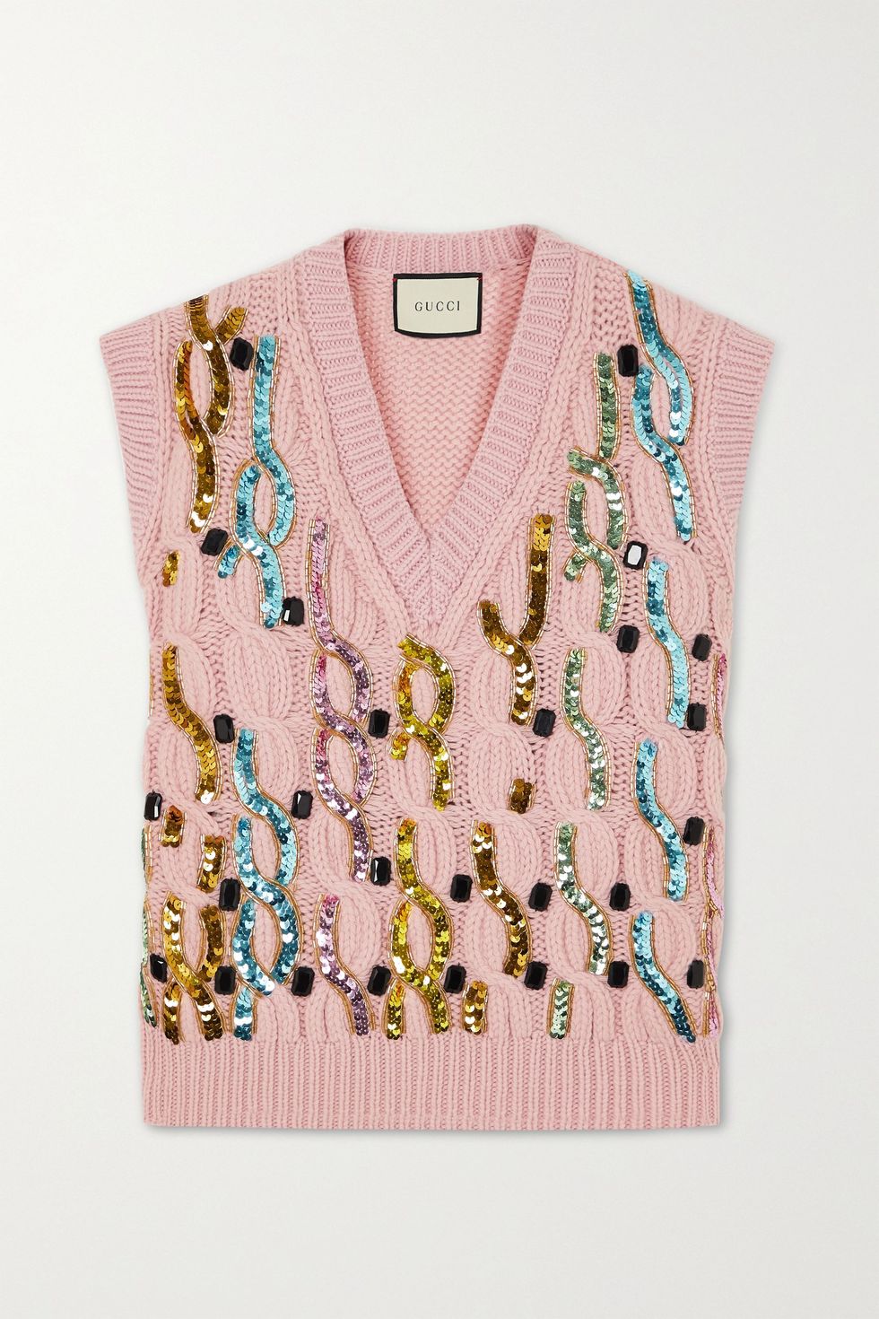 Embellished cable-knit wool vest