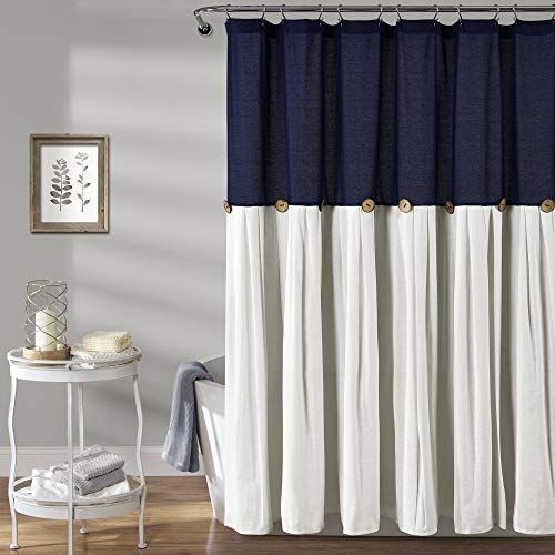 Lush Decor Navy & White Linen Button Shower Curtain