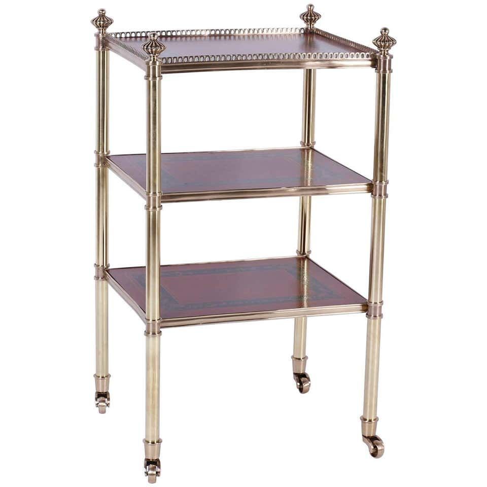 Three-Tiered Brass and Leather British Colonial–Style Serving Cart
