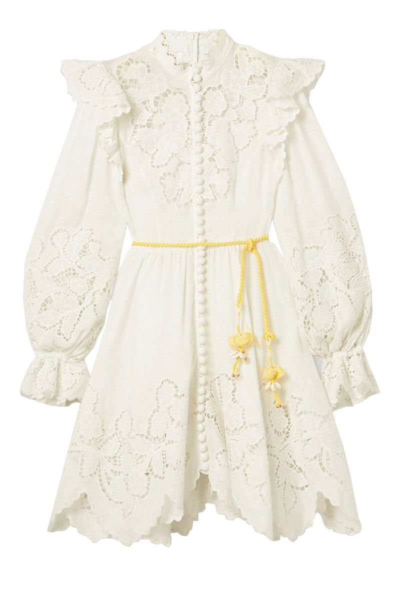 Carnaby belted ruffled broderie anglaise-trimmed linen mini dress