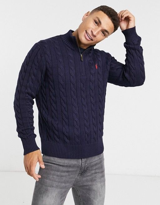 Polo Ralph Lauren player logo cable knit quarter zip in navy