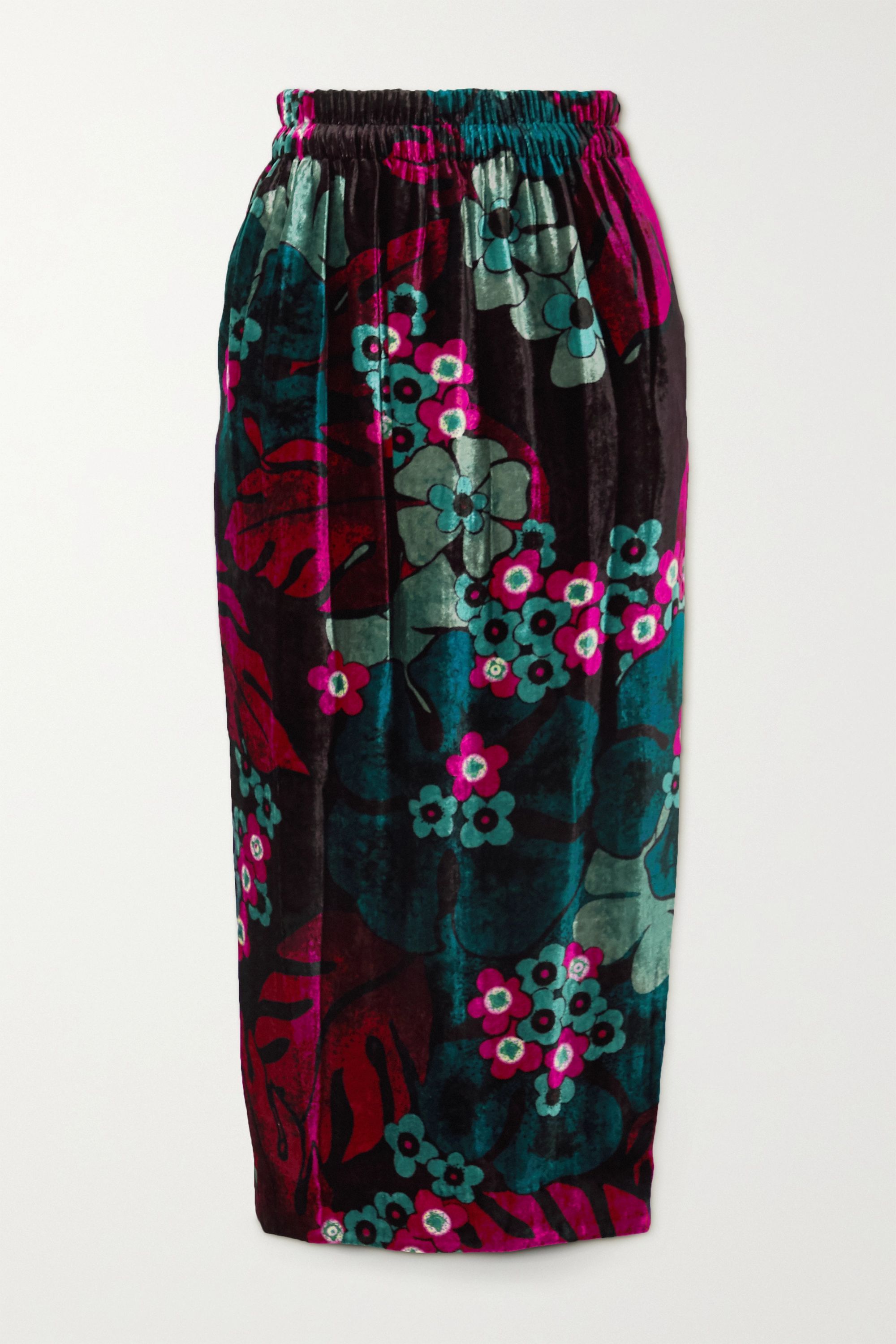 Floral-Print Velvet Midi Skirt