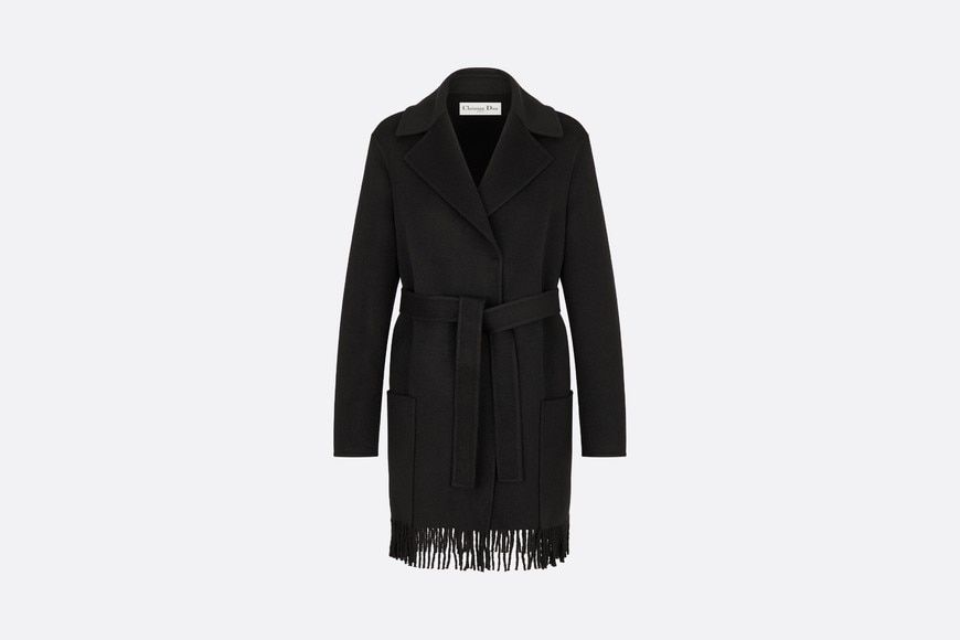 Fringed Coat with Belt in Black Double-Sided Wool