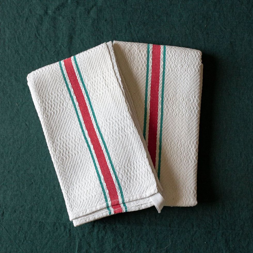 Set of Cotton Kitchen Towels with Red and Green Stripe