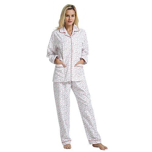 Casual nights Women's Flannel Long Sleeve Button Down Pajama Set 4XL White Pink Flower 