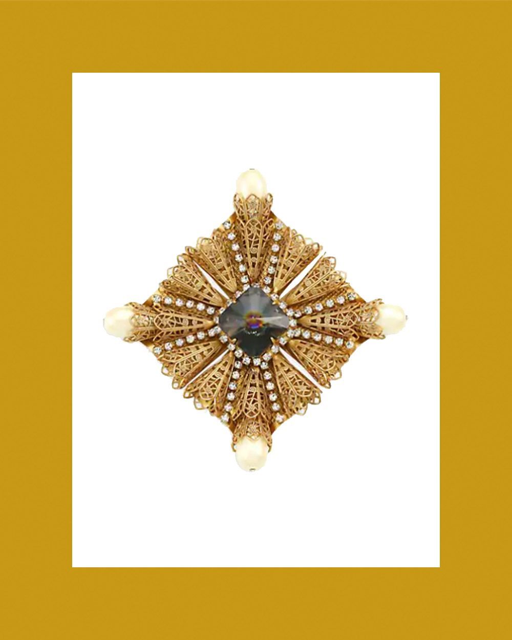 Antique Goldplated, Crystal & Faux-Pearl Brooch