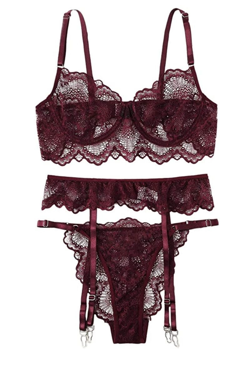 SOLY HUX Womens Plus Size Floral Lace Scallop Trim Bra and Panty Lingerie Set