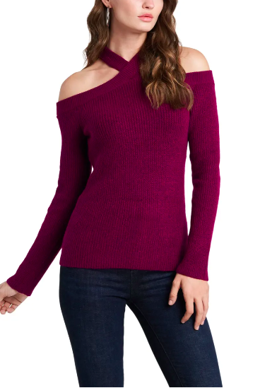 Cross-Neck Cold-Shoulder Cotton-Blend Sweater