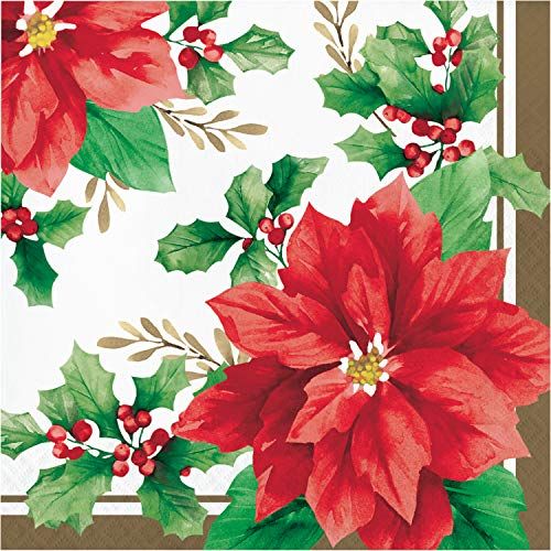 MERRY CHRISTMAS PAPER 16 napkins serviettes red green gold poinsettia holly 