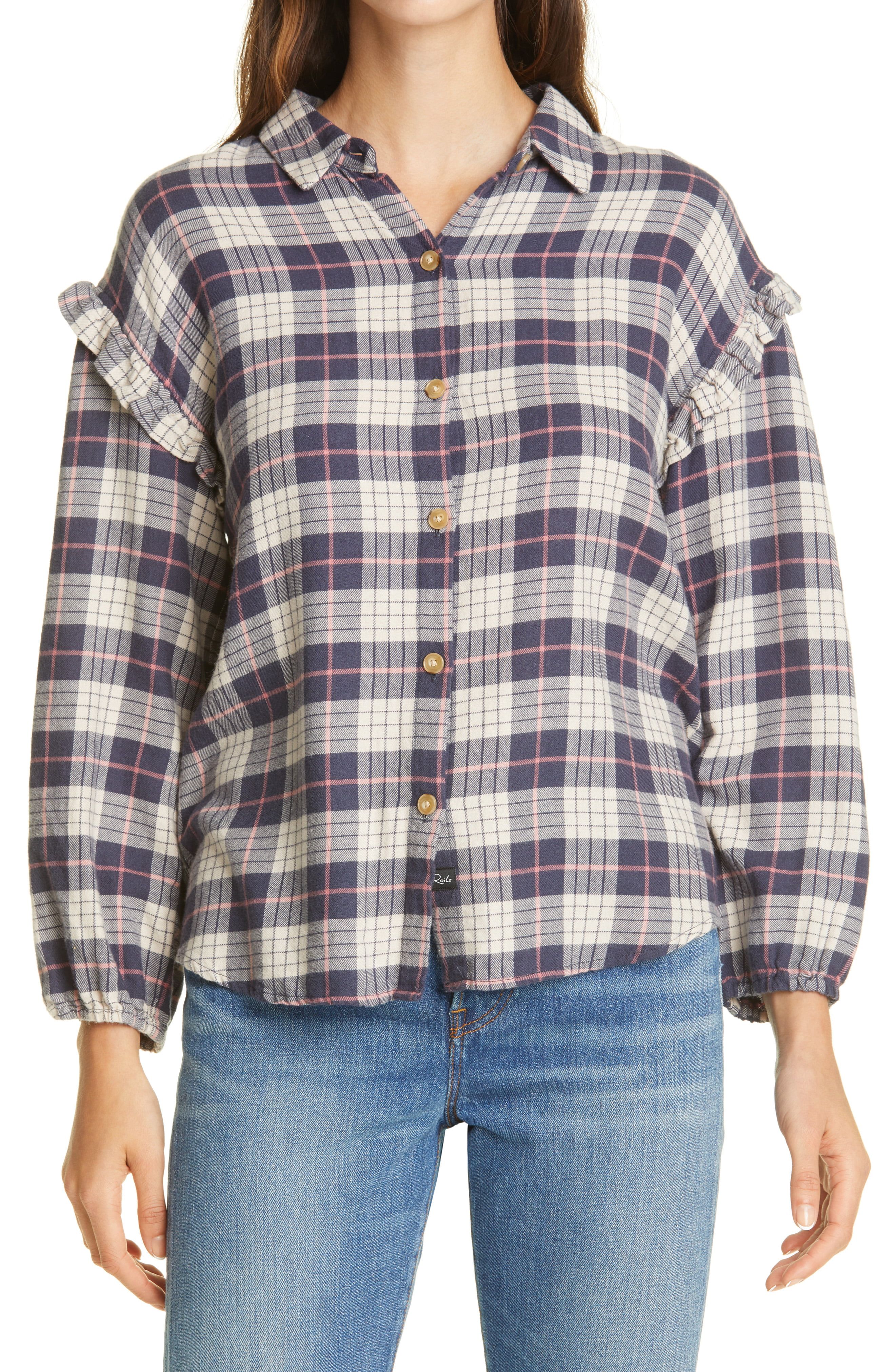 Willow Ruffle Sleeve Plaid Flannel Button-Up Shirt