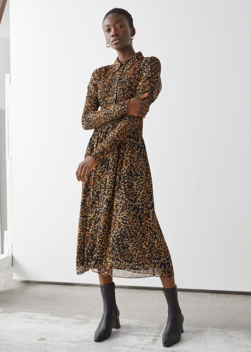 Smocked Button Up Midi Dress