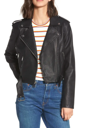 Faux-Leather Fashion Belted Moto Jacket