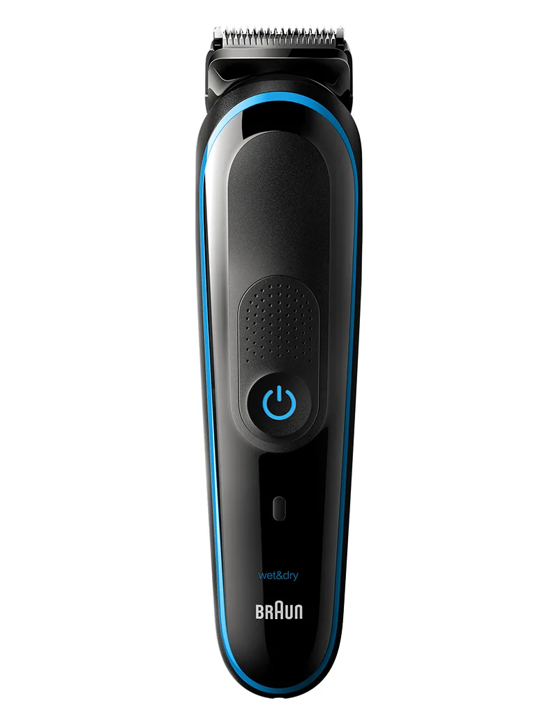 Braun 9-in-1 All-in-one Trimmer 5 MGK5280, Beard Trimmer for Men, Hair Clipper and Body Groomer with AutoSensing Technology and 7 Attachments, Black/Blue, UK Two Pin Plug