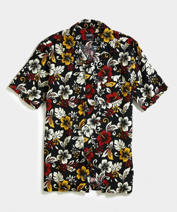 Aloha Hibiscus Print Camp Collar Short Sleeve Shirt in Black