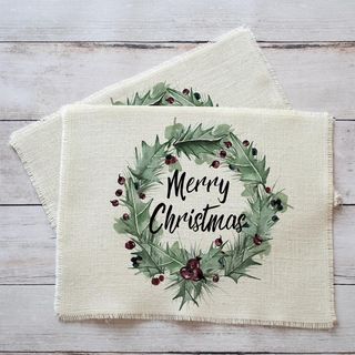 Merry Christmas Holly Wreath placemats - set of two cream burlap placemats