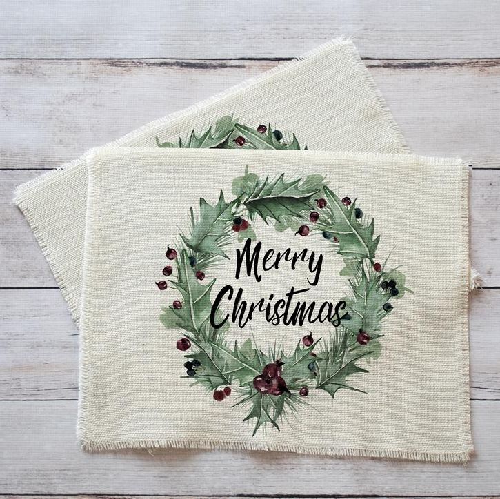 Merry Christmas Holly Wreath placemats - set of two cream burlap place mats