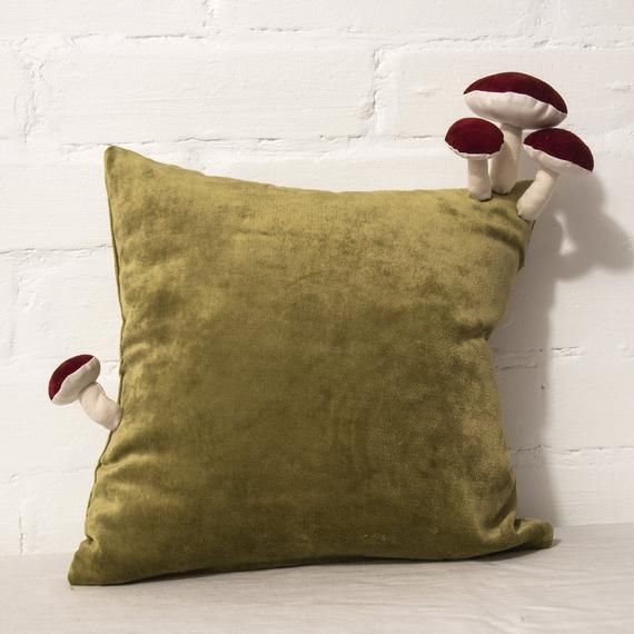 Fungimaa Green Pillow with Red Suede Leather Mushrooms