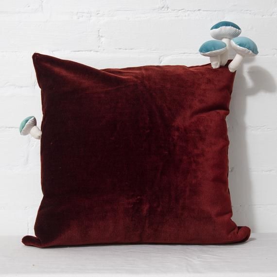 Fungimaa Dark Red Pillow with Turquoise Mushrooms